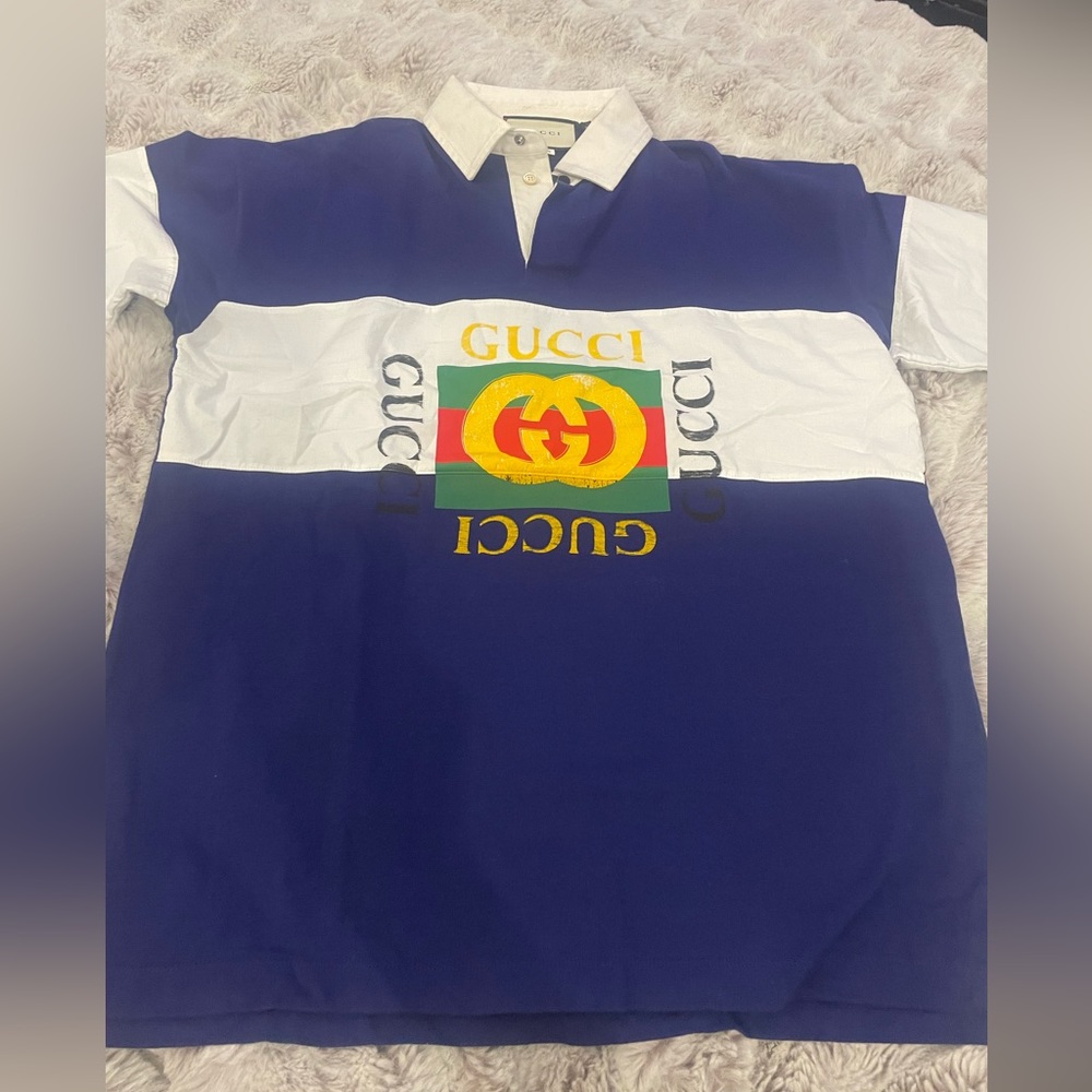 Gucci Mens Rugby Blue Polo Logo Long Sleeve T Shirt Sz M - Picture 4 of 9